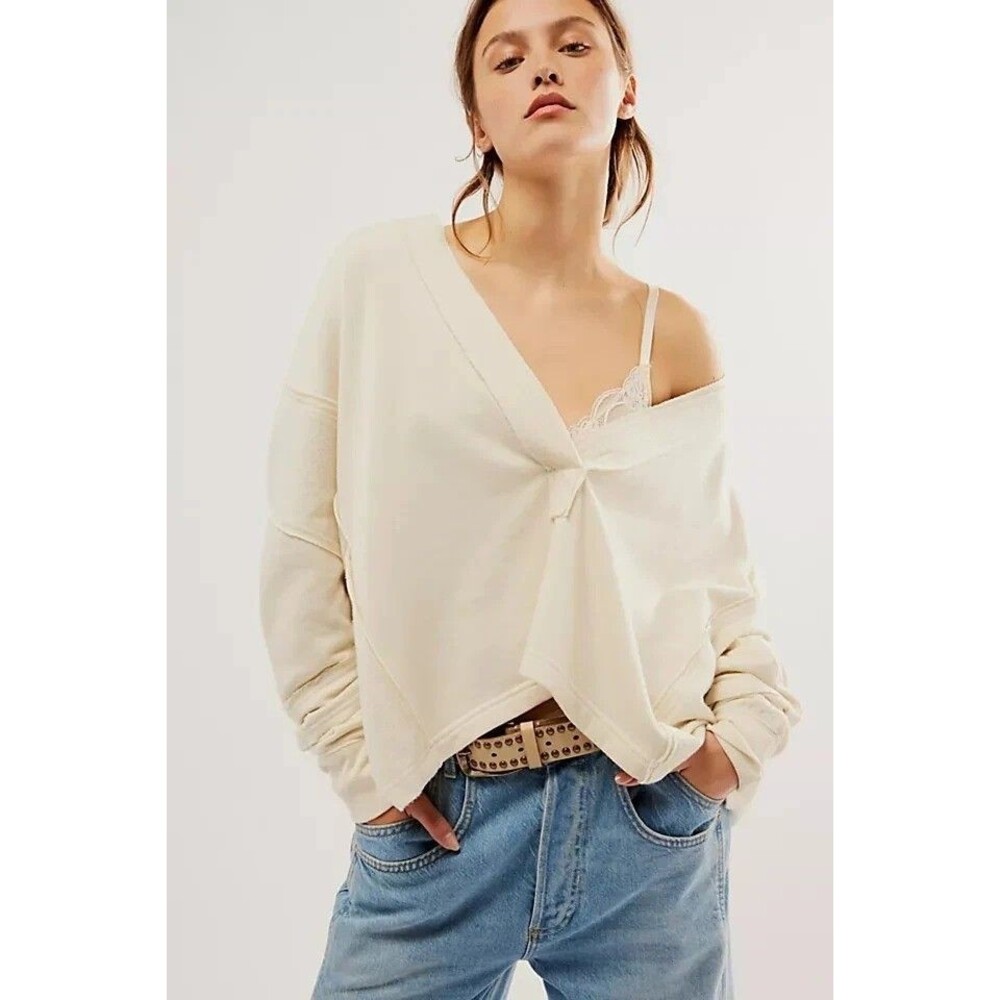 Free People Darcy Sweatshirt Top Oversized Slouchy V Neck Pullover XL New 285864
